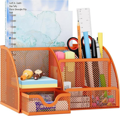 EasyPAG Mesh Desk Organizer with Drawer Multi-Functional Pen Holder Stationery Organizer for Office School Supplies 6 Compartments Dorm Organizers and Storage for Desk, Orange