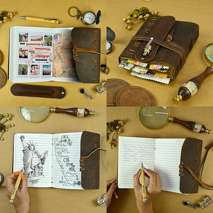 Leather Journal Notebook for Men & Women Daily Vintage Leather Bound Journal Travel Notebook 290 Lined Paper Diary Writing Journal Travelers Scrapbook Poetry Sketchbook Small Leather Gifts with Pen