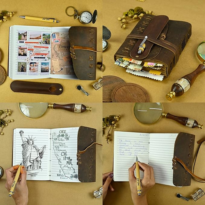 Leather Journal Notebook for Men & Women Daily Vintage Leather Bound Journal Travel Notebook 290 Lined Paper Diary Writing Journal Travelers Scrapbook Poetry Sketchbook Leather Gifts with Pen Holder