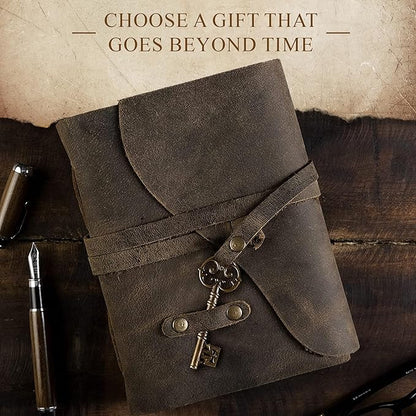 Vintage Leather Journal Lined Pages with Key - Antique Handmade Deckle Edge Vintage Paper Leather Bound Journal - Book of Shadows Journal - Leather Sketchbook - Drawing Journal - Great Gift