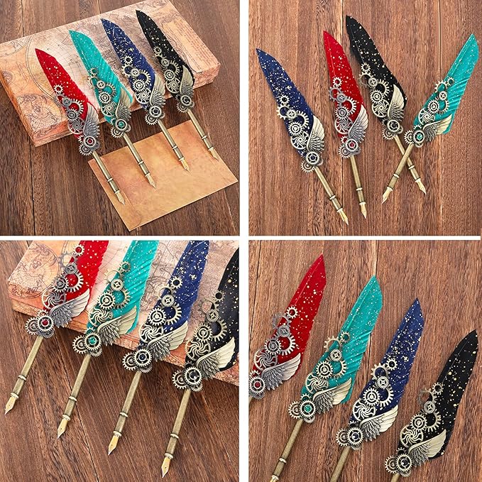 Feather Calligraphy Pen Ink Set, Mechanical Feather Pen and Wooden Dip Pen, 5 Colors of Ink, 12 Replacement Nibs, Pen Holder, Envelope and Letter Paper (Green)