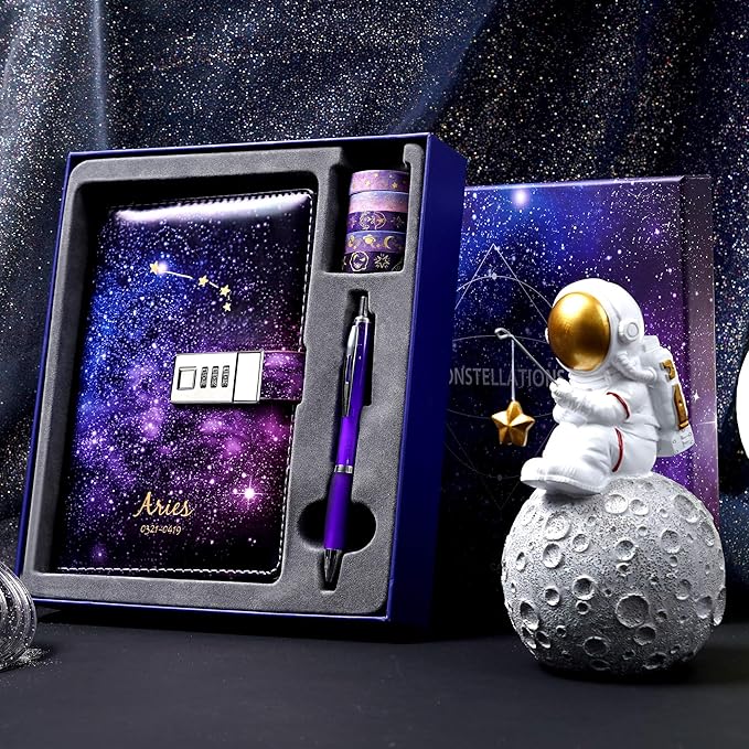 CAGIE Starry Constellation Lock Diary Set Gift Box with Pen & Tapes Secret Diary with Lock for Kids Girls Women Purple Journal Kit with Lock for Anniversary Birthday Holiday （Aries）