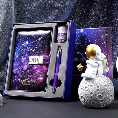 CAGIE Starry Constellation Lock Diary Set Gift Box with Pen & Tapes Secret Diary with Lock for Kids Girls Women Purple Journal Kit with Lock for Anniversary Birthday Holiday（Capricorn）