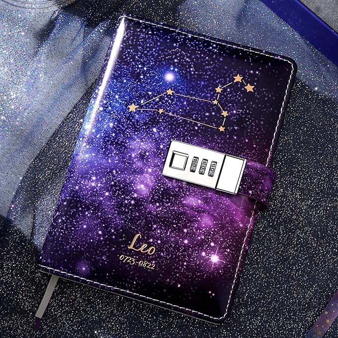 CAGIE Starry Constellation Lock Diary Set Gift Box with Pen & Tapes Secret Diary with Lock for Kids Girls Women Purple Journal Kit with Lock for Anniversary Birthday Holiday（Leo）