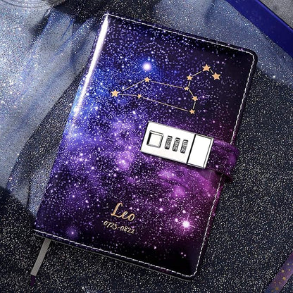 CAGIE Starry Constellation Lock Diary Set Gift Box with Pen & Tapes Secret Diary with Lock for Kids Girls Women Purple Journal Kit with Lock for Anniversary Birthday Holiday（Leo）
