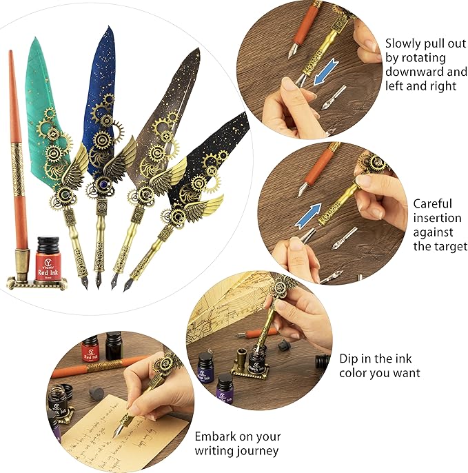 Feather Pen and Ink Set Calligraphy Kit for Beginners with Quill Pen, Antique Vintage Stationary Set for Writing, Signing & Hand Lettering Art