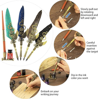 Feather Pen and Ink Set Calligraphy Kit for Beginners with Quill Pen, Antique Vintage Stationary Set for Writing, Signing & Hand Lettering Art