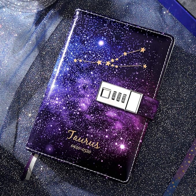 CAGIE Starry Constellation Lock Diary Set Gift Box with Pen & Tapes Secret Diary with Lock for Kids Girls Women Purple Journal Kit with Lock for Anniversary Birthday Holiday（Taurus）