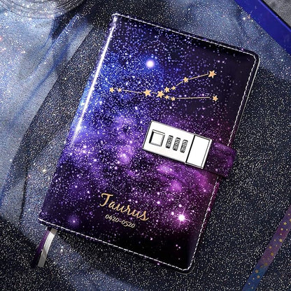 CAGIE Starry Constellation Lock Diary Set Gift Box with Pen & Tapes Secret Diary with Lock for Kids Girls Women Purple Journal Kit with Lock for Anniversary Birthday Holiday（Taurus）