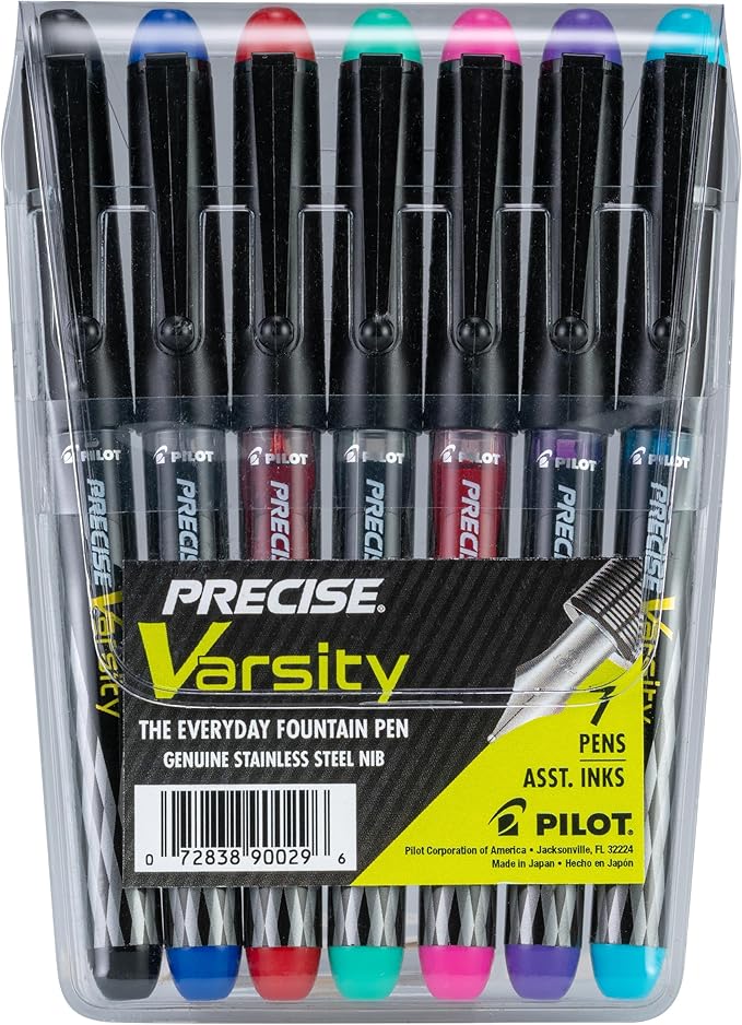 PILOT Pen 90029 Precise Varsity Pre-Filled Fountain Pens, Medium Point Stainless Steel Nib, Black/Blue/Red/Pink/Green/Purple/Turquoise, 7-Pack Pouch