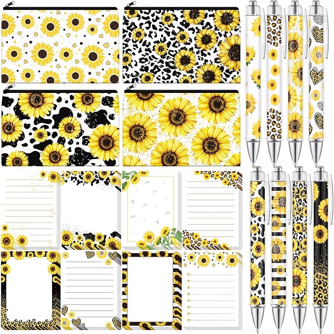20 Pcs Sunflower Gift Set 4 Yellow Flower Makeup Bags for Women 8 Sunflower Sticky Notes and 8 Flower Ballpoint Pens Leopard Black Ink Writing Pens for Office Study Journaling Writing Gift