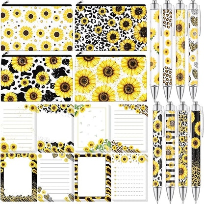 20 Pcs Sunflower Gift Set 4 Yellow Flower Makeup Bags for Women 8 Sunflower Sticky Notes and 8 Flower Ballpoint Pens Leopard Black Ink Writing Pens for Office Study Journaling Writing Gift