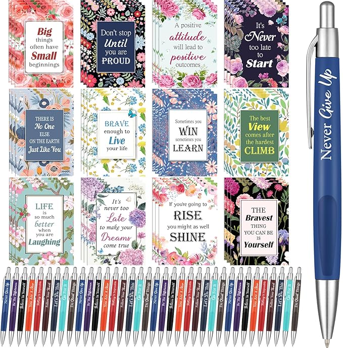Yeaqee 72 Pcs Motivational Pens Notepads Gifts Set Inspirational Quote Ballpoint Pen Small Notebook Mini Journal Bulk Present Idea for Teacher Coworker Gifts Women Office School(Inspiring)