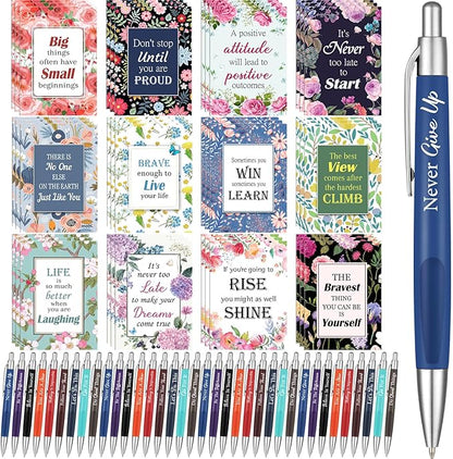 Yeaqee 72 Pcs Motivational Pens Notepads Gifts Set Inspirational Quote Ballpoint Pen Small Notebook Mini Journal Bulk Present Idea for Teacher Coworker Gifts Women Office School(Inspiring)