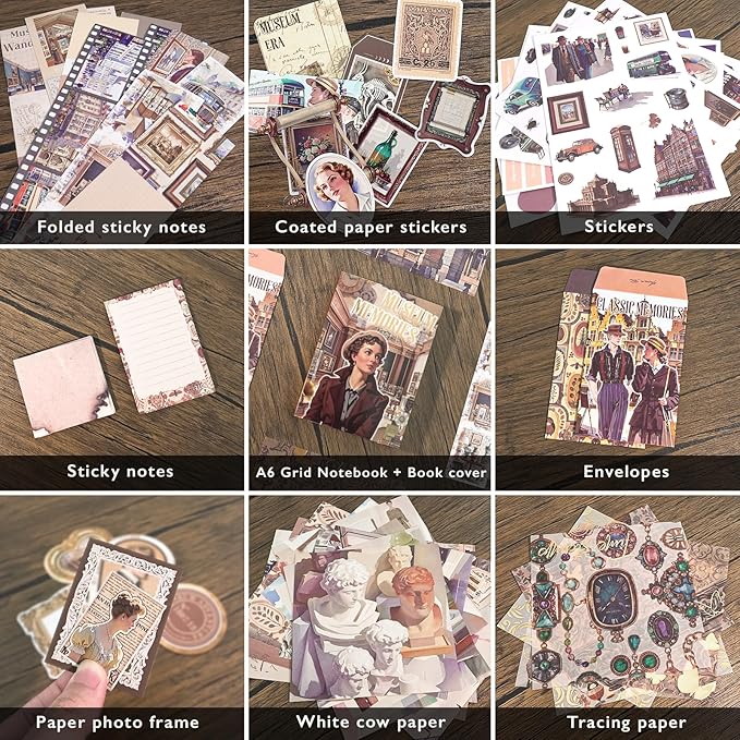 Scrapbooking Supplies Kit, Museum Aesthetic Vintage Scrapbook Kit for Bullet Junk Journal A6 Grid Notebook Stationary Journaling Supplies DIY Craft Birthday Holiday Gifts for Women Kid Teen Girl