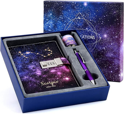 CAGIE Starry Constellation Lock Diary Set Gift Box with Pen & Tapes Secret Diary with Lock for Kids Girls Women Purple Journal Kit with Lock for Anniversary Birthday Holiday （Scorpio）
