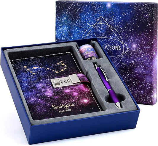 CAGIE Starry Constellation Lock Diary Set Gift Box with Pen & Tapes Secret Diary with Lock for Kids Girls Women Purple Journal Kit with Lock for Anniversary Birthday Holiday （Scorpio）