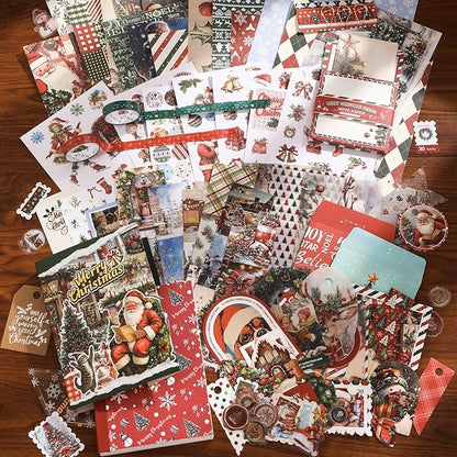 Draupnir Christmas Scrapbooking Supplies Kit,New Year Festival Aesthetic Scrapbook Stickers Kit for Junk Journal,Stationery,Bullet A6 Grid Notebook DIY Scrapbook Craft Christma Gift for Teen Girl Kid