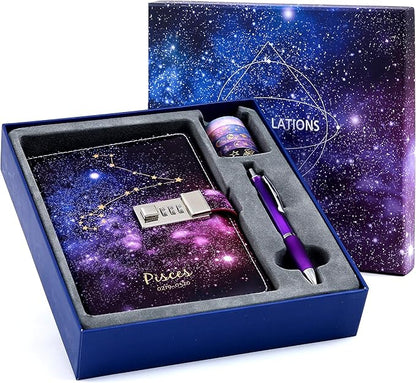 CAGIE Starry Constellation Lock Diary Set Gift Box with Pen & Tapes Secret Diary with Lock for Kids Girls Women Purple Journal Kit with Lock for Anniversary Birthday Holiday（Pisces）