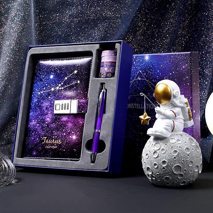 CAGIE Starry Constellation Lock Diary Set Gift Box with Pen & Tapes Secret Diary with Lock for Kids Girls Women Purple Journal Kit with Lock for Anniversary Birthday Holiday（Taurus）