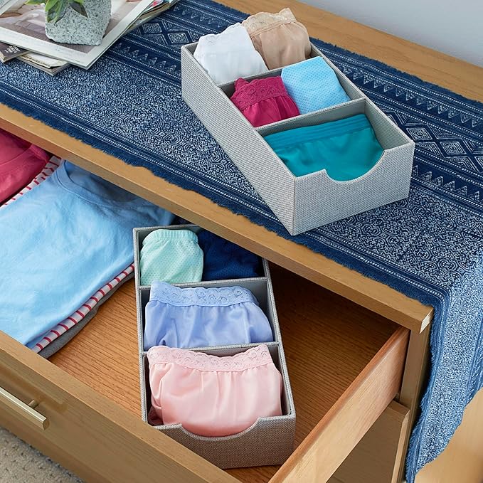 Household Essentials 3 Compartment Organizer Tray 2 Pack, Accessory Organizer, Sturdy Drawer Organizer with Fabric Covering, Gray