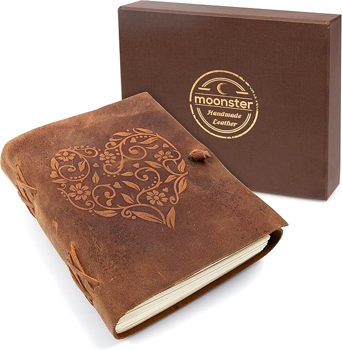 moonster Leather Journal for Women - Non Refillable Handmade Vintage Journal Leather Sketchbook for Daily Drawing & Writing - Travel Journal for Women - Heart Leather Notebook Unlined