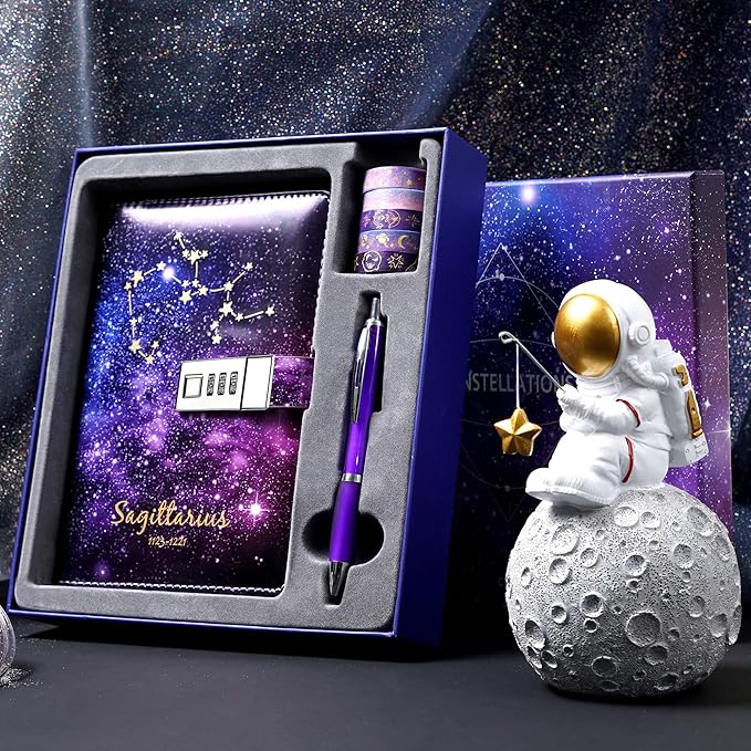 CAGIE Starry Constellation Lock Diary Set Gift Box with Pen & Tapes Secret Diary with Lock for Kids Girls Women Purple Journal Kit with Lock for Anniversary Birthday Holiday Sagittarius