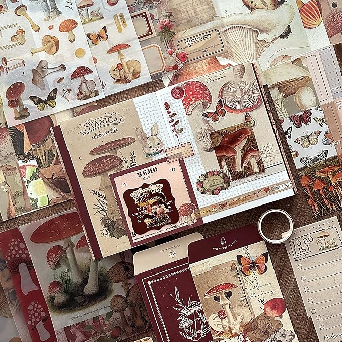 Aromoty Scrapbooking Supplies Kit, Aesthetic Vintage Scrapbook Kit for Bullet Junk Journal A6 Grid Notebook Stationary Journaling Supplies Mushroom DIY Craft Birthday Gifts for Women Kid Teen Girl
