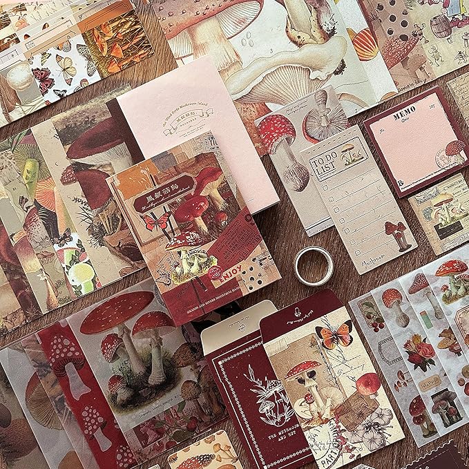 Aromoty Scrapbooking Supplies Kit, Aesthetic Vintage Scrapbook Kit for Bullet Junk Journal A6 Grid Notebook Stationary Journaling Supplies Mushroom DIY Craft Birthday Gifts for Women Kid Teen Girl