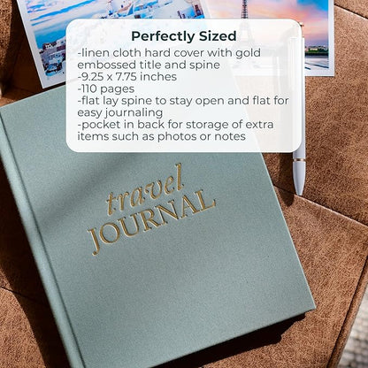 DUNCAN & STONE PAPER CO. Travel Journals - Elegant Journaling Notebook To Record All Your Travel Fun, & More - 110 Page Linen Hardcover Journal For Up To 15 Trips (Sage Green)