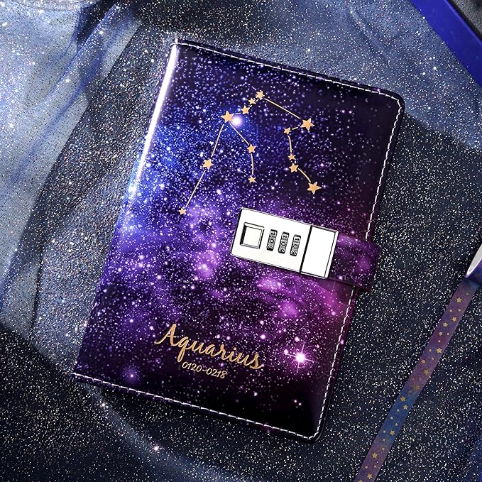 CAGIE Starry Constellation Lock Diary Set Gift Box with Pen & Tapes Secret Diary with Lock for Kids Girls Women Purple Journal Kit with Lock for Anniversary Birthday Holiday（Aquarius