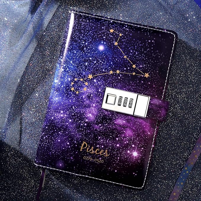 CAGIE Starry Constellation Lock Diary Set Gift Box with Pen & Tapes Secret Diary with Lock for Kids Girls Women Purple Journal Kit with Lock for Anniversary Birthday Holiday（Pisces）