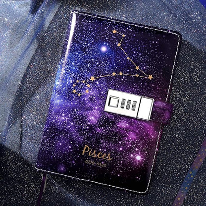 CAGIE Starry Constellation Lock Diary Set Gift Box with Pen & Tapes Secret Diary with Lock for Kids Girls Women Purple Journal Kit with Lock for Anniversary Birthday Holiday（Pisces）