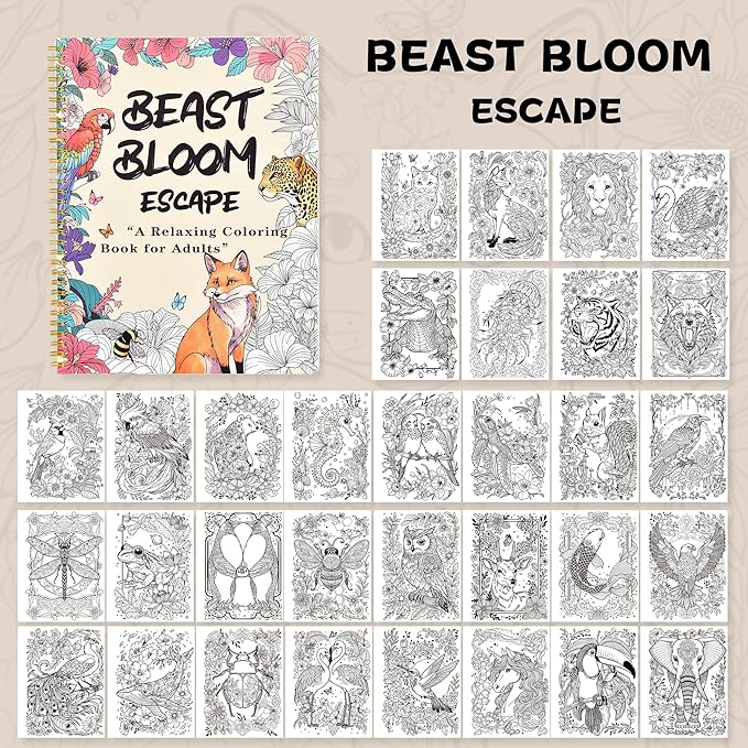 Adult Coloring Book Set with 36 Dual-Tip Markers, 32 Floral & Animal Pages, Spiral Bound Gifts for Adults Relaxation, Creative Christmas Gifts for Women and Loved Ones